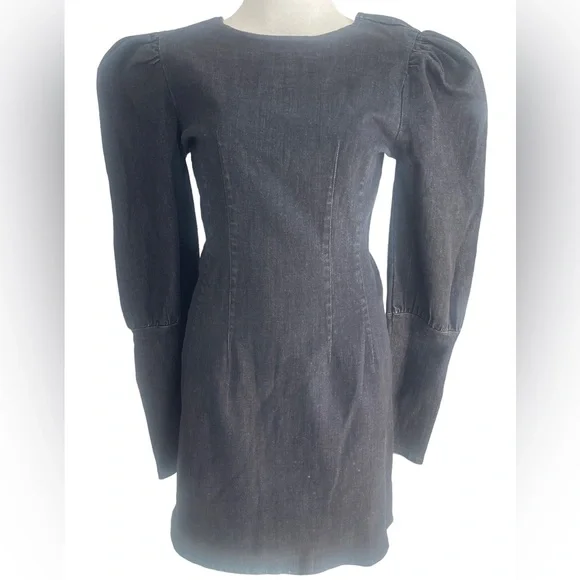 TOPSHOP SEAMED DENIM IN WASHED BLACK ROUND NECK PUFF SHOULDER | SIZE UK10 NWT - Picture 2 of 12